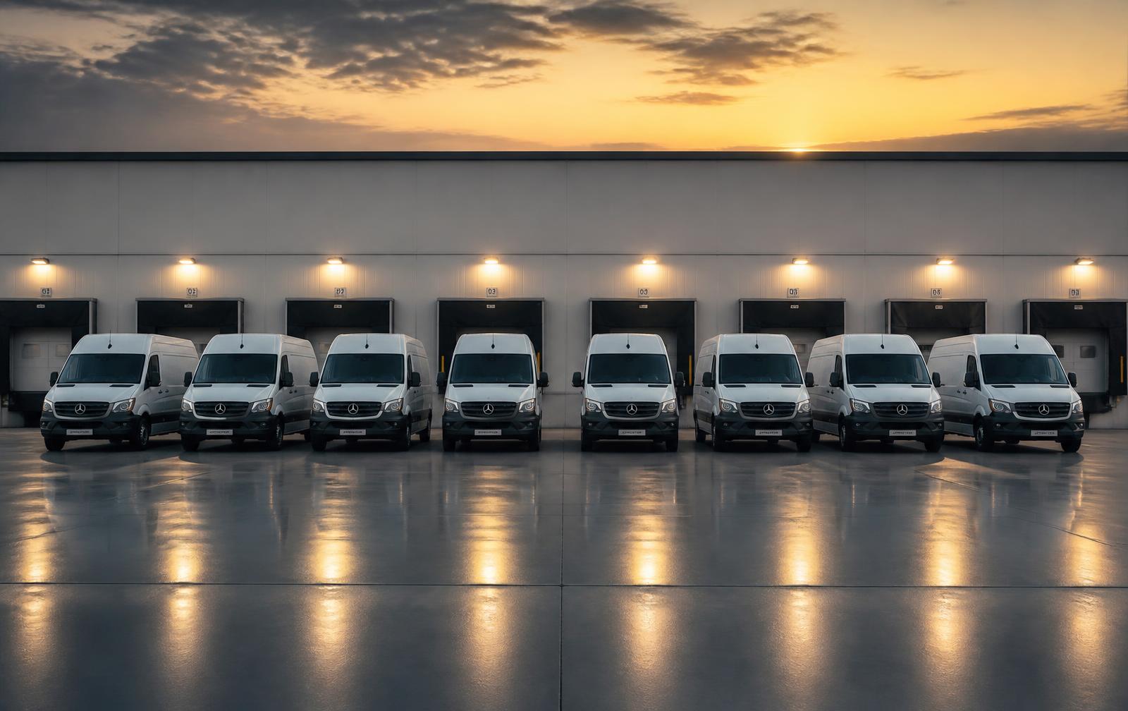 A fleet of white cargo vans staged at a distribution facility at dawn