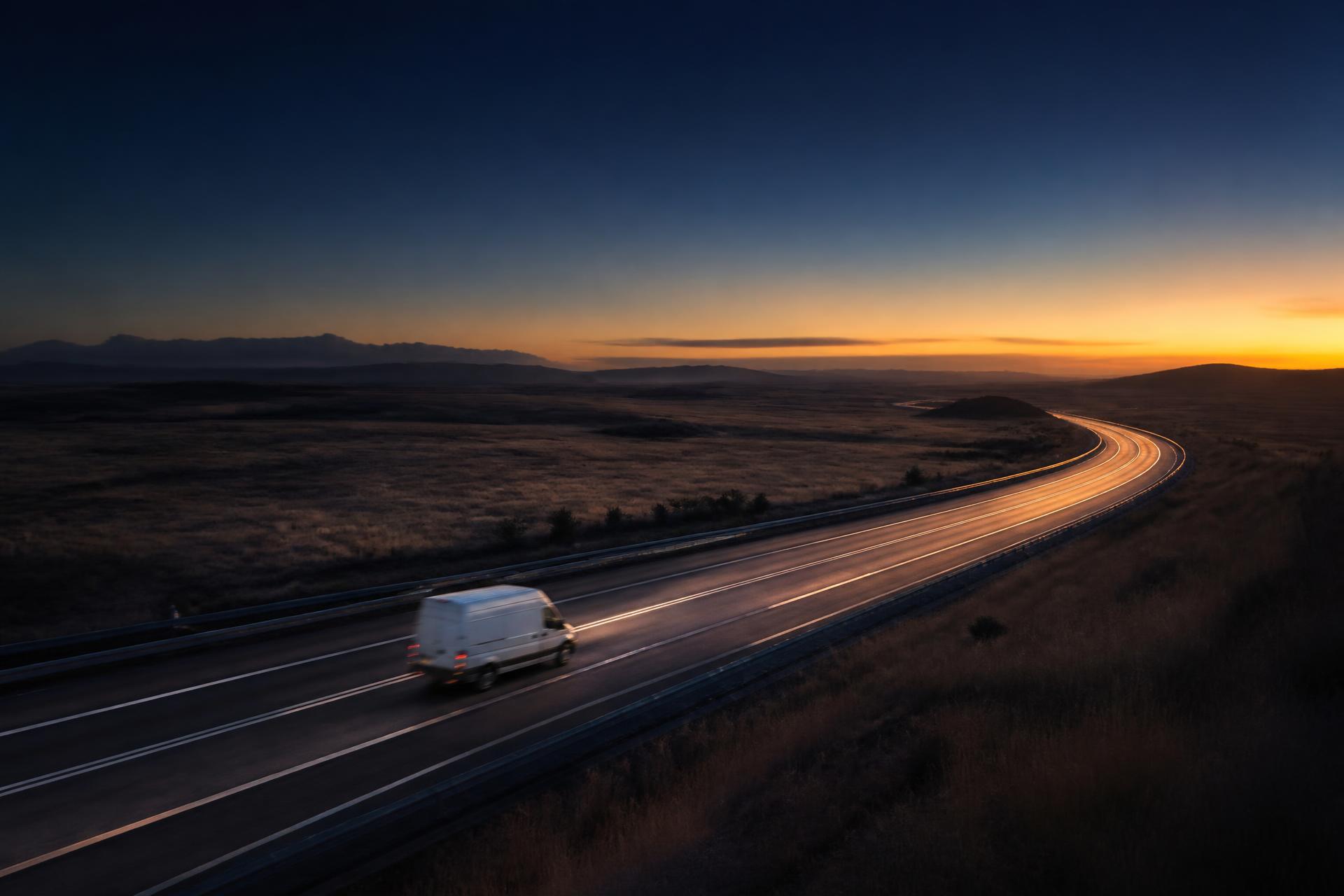 A cargo van traveling a highway at sunset